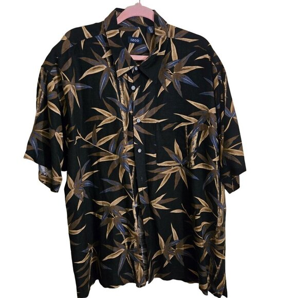 Izod Linen Blend Neutral Black Beige Tan Blue Hawaiian Shirt Size XXL - Picture 1 of 6